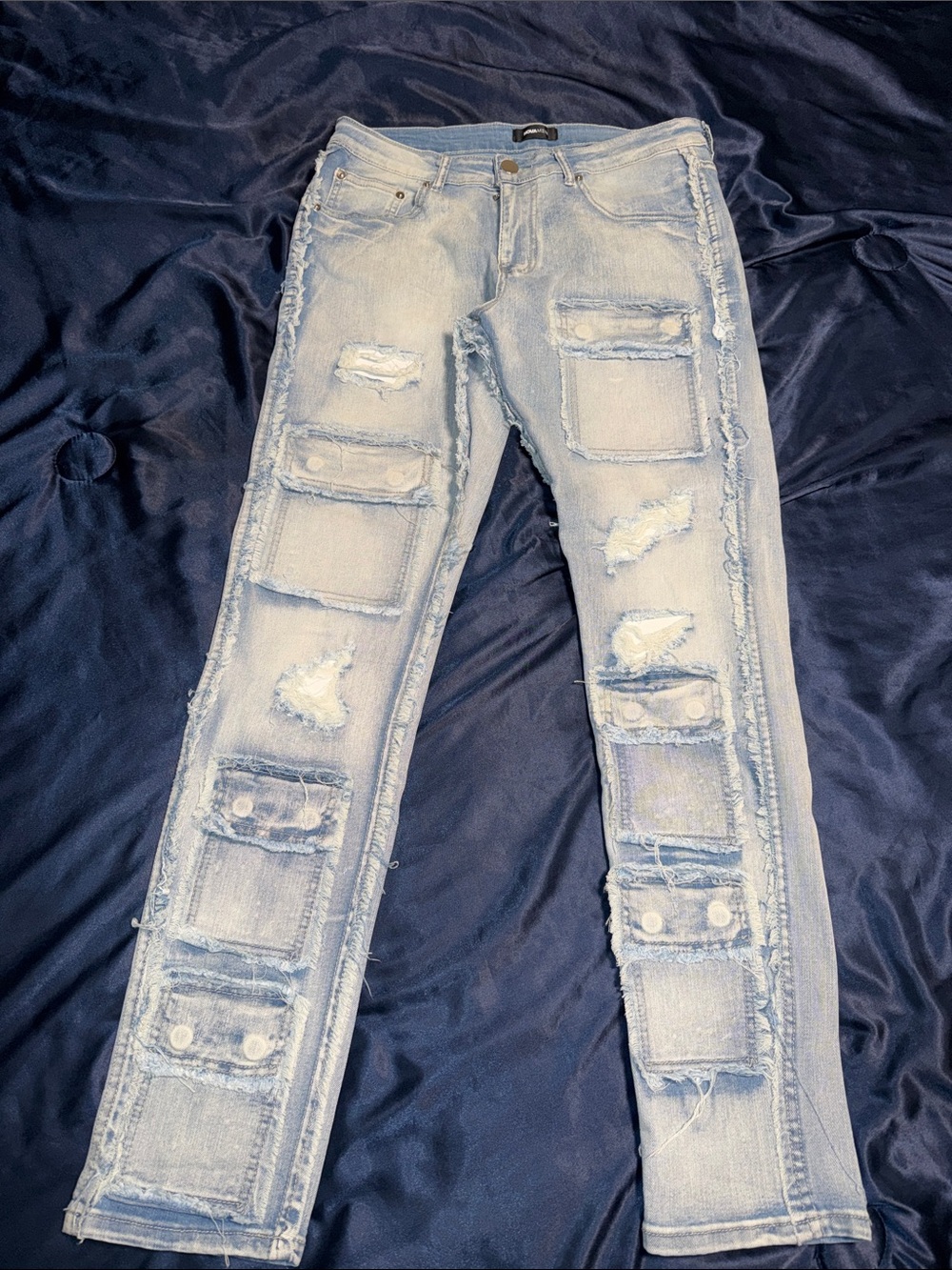 Fashion Nova Light Blue Patchwork Distressed Skinny Jeans